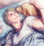  bibirii blonde_hair blue_eyes dog john_(tiger_&amp;_bunny) keith_goodman licking one_eye_closed tiger_&amp;_bunny 