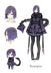  1girl character_name chibi closed_mouth commentary_request grey_legwear highres long_sleeves looking_at_viewer original purple_hair red_eyes short_hair simple_background sketch sleeves_past_wrists solo standing straitjacket sugi_214 tail thighhighs white_background 