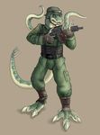  amethystlongcat anthro armor army claws clothing drei four_eyes g36 green_skin gun helmet horn male military monster mutant nazi parasite plain_background ranged_weapon reptile rifle scalie soldier teeth tentacles uniform weapon yellow_eyes 