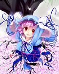  arm_ribbon bad_id bad_pixiv_id blue_dress breasts cherry_blossoms dress hat large_breasts long_sleeves looking_at_viewer open_mouth pink_hair red_eyes ribbon ribbon-trimmed_collar ribbon_trim saigyouji_yuyuko sala_mander sash smile solo touhou tree wide_sleeves 
