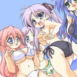  ass bikini blue_eyes blue_hair blush breasts curvy glasses green_eyes hiiragi_kagami hiiragi_tsukasa huge_breasts izumi_konata long_hair lowres lucky_star mi-sya multiple_girls oekaki pink_hair purple_hair sideboob swimsuit takara_miyuki topless twintails 