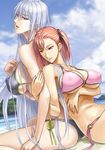  back-to-back beach bikini breasts brown_hair cleavage day large_breasts long_hair morisu multicolored_hair multiple_girls red_eyes riela_marcellis selvaria_bles senjou_no_valkyria senjou_no_valkyria_1 senjou_no_valkyria_3 side_ponytail silver_hair swimsuit trait_connection very_long_hair 