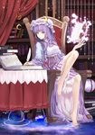  armchair barefoot book bookshelf bow chair cloudy.r crescent feathers feet feet_on_chair floating_book hat highres indoors knee_up long_hair looking_at_viewer patchouli_knowledge purple_eyes purple_hair quill sitting solo table touhou 