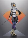  avian beak bird breasts clothed clothing digitigrade dominatrix ecmajor feathers female hand_on_hip harness legwear looking_at_viewer riding_crop secretary_bird skimpy solo standing thigh_highs 