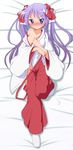  bed_sheet blush breasts frown hiiragi_kagami japanese_clothes large_breasts long_hair lucky_star lying mel_(melty_pot) miko off_shoulder on_back open_clothes purple_eyes purple_hair revision ribbon solo twintails 