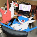  chair che_ri_ni computer desk doodle drawing female feral latias latios legendary_pok&#233;mon legendary_pok&eacute;mon looking_at_viewer looking_back male mixed_media nintendo photo pok&#233;mon real red_eyes sibling sitting size_difference video_games yellow_eyes 