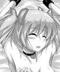  armpits bdsm blush bondage bound breast_grab choker cuffs grabbing greyscale hair_ribbon heart kaname_madoka mahou_shoujo_madoka_magica maullarmaullar monochrome out-of-frame_censoring ribbon shackles short_twintails solo_focus sweat twintails 