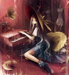  asahiro bad_id bad_pixiv_id blue_eyes dress dress_form hand_on_own_cheek hat hat_ribbon instrument long_hair looking_at_viewer original phonograph piano ribbon sitting smile solo sun_hat white_hair 