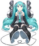  aqua_eyes aqua_hair boots detached_sleeves full_body hatsune_miku highres long_hair microphone necktie open_mouth sitting skirt solo speaker thigh_boots thighhighs twintails very_long_hair vocaloid white_background yasu 