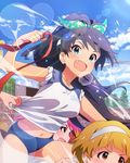  :d aqua_eyes black_hair blush buruma cloud day fang fukuda_noriko ganaha_hibiki gym_uniform headband heavy_breathing idolmaster idolmaster_(classic) idolmaster_million_live! kibasen lens_flare long_hair looking_at_viewer maihama_ayumu midriff multicolored_hair multiple_girls navel official_art open_mouth pink_hair ponytail shirt_grab sky smile 