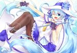  blue_eyes blue_hair cape fingerless_gloves gloves hair_ribbon hat hatsune_miku long_hair mipi one_eye_closed open_mouth outstretched_arm pantyhose ribbon sitting skirt snowflakes solo suki!_yuki!_maji_magic_(vocaloid) twintails very_long_hair vocaloid wand witch_hat yuki_miku 