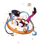  bare_shoulders bikini_top blue_hair boots braid doughnut fingerless_gloves flat_chest food full_body gloves gwayo hat jinx_(league_of_legends) league_of_legends leg_up long_hair looking_away lying nail_polish navel oversized_object police_hat simple_background smile solo sprinkles sweets tattoo thigh_strap thighhighs tsurime twin_braids very_long_hair white_background zettai_ryouiki 
