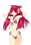  1girl ameto armpits arms_up bangs bare_shoulders beatmania beatmania_iidx bikini blunt_bangs blush collarbone fingernails front-tie_top headphones highres hips kinoshita_ichi long_hair looking_at_viewer navel red_eyes red_hair shiny shiny_skin side-tie_bikini simple_background small_breasts solo standing striped striped_bikini striped_swimsuit swimsuit thigh_gap thighs two_side_up umegiri_ameto white_background 