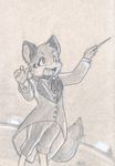  cainethelongshot canine cat conducting conductor cufflinks feline fox kemono kitsuneko male mammal markings monochrome open_mouth opera pencil sketch solo stage standing stripes tongue tuxedo 