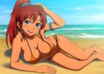  arm_support armlet beach bellows_(suisei_no_gargantia) bikini blue_eyes blush breasts cleavage dark_skin day earrings jewelry kasanui large_breasts long_hair looking_at_viewer navel ocean open_mouth outdoors ponytail red_hair shiny shiny_skin smile solo suisei_no_gargantia swimsuit water 