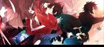  3boys azami_(kagerou_project) black_hair blue_hair closed_eyes dark_konoha dual_persona ene_(kagerou_project) fading gun hair_ornament hairclip highres kagerou_project kisaragi_shintarou konoha_(kagerou_project) long_hair loss_time_memory_(vocaloid) multiple_boys multiple_girls origami paper_crane reaching red_eyes red_scarf scarf school_uniform serafuku short_hair smile tateyama_ayano tsuki_miyabi twintails weapon 