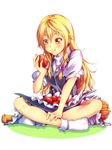  :t ankle_socks apple blonde_hair bow braid broom eating food fruit hair_bow hat hat_basket hat_on_lap hat_removed headwear_removed high_collar indian_style kirisame_marisa long_hair looking_down no_shoes satoutakahumi shadow short_sleeves simple_background single_braid sitting solo touhou white_background yellow_eyes 