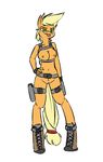  anthro anthrofied applejack_(mlp) belt blonde_hair boots breasts equine female fingerless_gloves freckles friendship_is_magic frumplechuck gloves green_eyes gun hair holster horse mammal my_little_pony navel nipples nude pistol plain_background pony pussy ranged_weapon shoulder_holster solo standing tongue tongue_out weapon white_background 