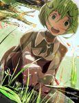  absurdres adnod bad_id bad_pixiv_id bug character_name from_below grass green_eyes green_hair high_five highres insect ladybug open_mouth pointing short_hair solo touhou wriggle_nightbug 