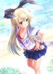  alternate_costume beach bikini bikini_under_clothes black_eyes blonde_hair goto_p hairband kantai_collection long_hair red_bikini school_uniform serafuku shimakaze_(kantai_collection) skirt solo swimsuit swimsuit_under_clothes thong_bikini undressing 