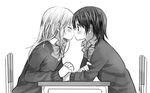  black_hair blazer blush bow bowtie cardigan chair closed_eyes desk face-to-face greyscale hachiko_(hati12) hands_together holding_hands imminent_kiss jacket long_hair monochrome multiple_girls original profile school_uniform short_hair simple_background surprised table white_background yuri 