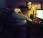  anthro belly belly_overhang beverage_can big_belly big_butt black_fur butt canine chair chips_(food) clothed clothing computer computer_mouse desk detailed_background dog eating eyewear food fur glasses huge_butt husky hyper hyper_belly inside keyboard lamp love_handles male mammal mechanical_fan microphone morbidly_obese obese obese_male office_chair overweight overweight_male pizza potato_chips sitting solo sugarboy text white_fur 