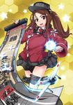  :d aircraft airplane ball blue_fire brown_eyes brown_hair cosplay fire flight_deck flying hexagon idolmaster idolmaster_(classic) japanese_flag kantai_collection long_hair looking_at_viewer machinery magatama mamezou minase_iori motion_blur onmyouji open_mouth orb propeller round_teeth ryuujou_(kantai_collection) ryuujou_(kantai_collection)_(cosplay) scroll simple_background skirt smile solo teeth thigh_strap twintails visor_cap yellow_background 