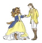  beast_(disney) beauty_and_the_beast belle bow crossgender dc9spot digitigrade dress duo female hair hand_holding horn human long_hair male mammal plain_background ribbons the_beast white_background 