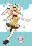  :3 animal_ears blonde_hair bunny_ears bunny_tail green_eyes hair_ribbon heterochromia kemonomimi_mode long_hair lyrical_nanoha maccha_ritoro mahou_shoujo_lyrical_nanoha_vivid red_eyes ribbon sacred_heart school_uniform solo st._hilde_academy_of_magic_uniform tail two_side_up vivio 