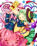  :&lt; aqua_hair bad_id bad_pixiv_id blouse blush boots bow closed_eyes cnm eighth_note floral_print groping hands_on_another's_chest hat hat_ribbon hata_no_kokoro head_on_shoulder heart hug hug_from_behind komeiji_koishi leg_up long_hair long_sleeves looking_at_viewer mask multiple_girls musical_note one_eye_covered open_mouth pink_eyes pink_hair plaid plaid_shirt polka_dot polka_dot_background ribbon shirt skirt sleeves_past_wrists spoken_musical_note star third_eye touhou triangle x 