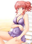  bare_shoulders blush breasts casual_one-piece_swimsuit chair cleavage collarbone double_bun halterneck hidamari_sketch hiro large_breasts looking_at_viewer lounge_chair one-piece_swimsuit red_eyes red_hair short_hair sitting smile solo swimsuit utomo wavy_hair 