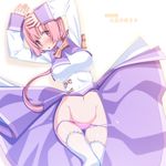  :o arms_up breasts breasts_outside groin head_tilt large_breasts long_sleeves looking_at_viewer lowleg lowleg_panties lying on_back open_mouth panties parted_lips pink_eyes pink_hair pink_panties sakuya_tsuitachi sleeve_cuffs solo thigh_gap thighhighs underwear 