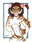  absurd_res anthro blue_eyes breasts brown_fur feline female fur hi_res looking_at_viewer mammal navel_piercing navel_ring nipples panties piercing pink_nose pinup pose smile solo solobrown_hair stripes terrie_smith tiger topless underwear undressing white_fur 