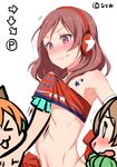  &gt;_&lt; :3 animal_ears assisted_exposure blood blush brown_hair cheerleader chibi clearite closed_eyes clothes_writing headphones highres hoshizora_rin koizumi_hanayo love_live! love_live!_school_idol_project midriff multiple_girls navel nishikino_maki nosebleed open_mouth orange_hair pom_poms purple_eyes red_hair shirt_pull short_hair shouryuuken smile street_fighter surprised takaramonozu uppercut 