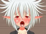  androgynous blush cum cum_in_mouth cum_on_tongue face facial nadadekoko open_mouth pointy_ears red_eyes tongue uvula white_hair 