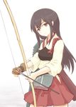  akagi_(kantai_collection) archery arka arrow blush bow_(weapon) brown_eyes brown_hair gloves japanese_clothes kantai_collection kyuudou long_hair looking_at_viewer muneate partly_fingerless_gloves quiver serious single_glove skirt solo weapon yugake 