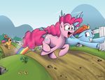  applejack_(mlp) cowboy_hat cutie_mark equine female fence flower flying friendship_is_magic grass hair hat horse mammal mattings mountain multi-colored_hair multi-colroed_hair my_little_pony outside path pegasus pink_hair pinkie_pie_(mlp) pony prank rainbow_dash_(mlp) rock running skt sky wings 