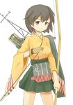  archery arka arrow blush bow_(weapon) breasts brown_eyes brown_hair flight_deck gloves hiryuu_(kantai_collection) japanese_clothes kantai_collection kyuudou medium_breasts muneate partly_fingerless_gloves quiver short_hair single_glove skirt smile solo weapon yugake 