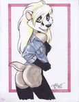  absurd_res anthro badger blonde_hair bottomless breasts butt female hair hi_res looking_at_viewer mammal mustelid nipples pinup pose solo terrie_smith undressing 