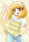  blonde_hair casual denim hairband highres jeans kise_yayoi pants precure satogo short_hair smile_precure! waving white_hairband yellow_eyes 