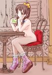  boots breasts brown_hair green_eyes jason_(kaiten_kussaku_kikou) navel nude original pink_footwear ponytail sitting small_breasts solo 