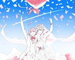  blue_eyes bouquet confetti couple crossdressing dress fantero flower formal gloves husband_and_husband kakumeiki_valvrave l-elf male_focus monochrome multiple_boys red_eyes short_hair smile spot_color suit tokishima_haruto veil wedding wedding_dress yaoi 