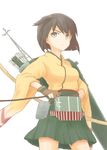  archery arka arrow blush bow_(weapon) brown_eyes brown_hair flight_deck gloves hand_on_hip hiryuu_(kantai_collection) japanese_clothes kantai_collection kyuudou looking_at_viewer one_side_up partly_fingerless_gloves quiver serious short_hair skirt solo weapon yugake 
