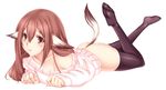  absurdres animal_ears ass black_legwear brown_eyes highres leg_up long_hair red_eyes simple_background solo thighhighs white_background yui.h 