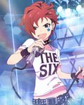  :d blue_eyes brown_hair collar idolmaster idolmaster_million_live! julia_(idolmaster) lens_flare looking_at_viewer microphone music navel official_art open_mouth punk short_hair singing smile spiked_collar spikes star v-shaped_eyebrows 
