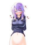  blush bottomless breasts clothes_lift collarbone hair_ornament hairclip large_breasts long_hair long_sleeves looking_at_viewer navel no_panties out-of-frame_censoring purple_eyes purple_hair ribbed_sweater sakuya_tsuitachi simple_background solo stomach sweater sweater_lift tears upper_body white_background 