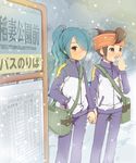  2boys aqua_hair blush brown_eyes brown_hair child endou_mamoru fence harute4423 headband inazuma_eleven inazuma_eleven_(series) kazemaru_ichirouta long_hair m_(pixiv9151) male male_focus multiple_boys open_mouth outdoors ponytail short_hair snow tree 