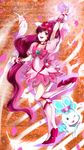  absurdres boots bow cherry_blossoms choker chypre_(heartcatch_precure!) cure_blossom dress hanasaki_tsubomi heart heartcatch_precure! highres knee_boots long_hair magical_girl open_mouth petals pink_bow pink_eyes pink_hair ponytail precure red_choker ribbon rikune smile standing standing_on_one_leg wrist_cuffs 