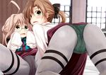  ahoge akigumo_(kantai_collection) ass blush brown_eyes brown_hair crotch_seam glasses hair_bun hair_ribbon hands_on_own_face kantai_collection kurona long_hair makigumo_(kantai_collection) multiple_girls open_mouth panties panties_over_pantyhose pantyhose pink_hair polka_dot polka_dot_panties purple_skirt revision ribbon school_uniform side_ponytail skirt sleeves_past_fingers sleeves_past_wrists sweat underwear wavy_mouth 
