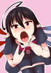  1girl absurdres ahoge female highres houjuu_nue imminent_fellatio looking_at_viewer open_mouth pointy_ears red_eyes simple_background solo tenkomori_(bug_kura) tongue touhou 
